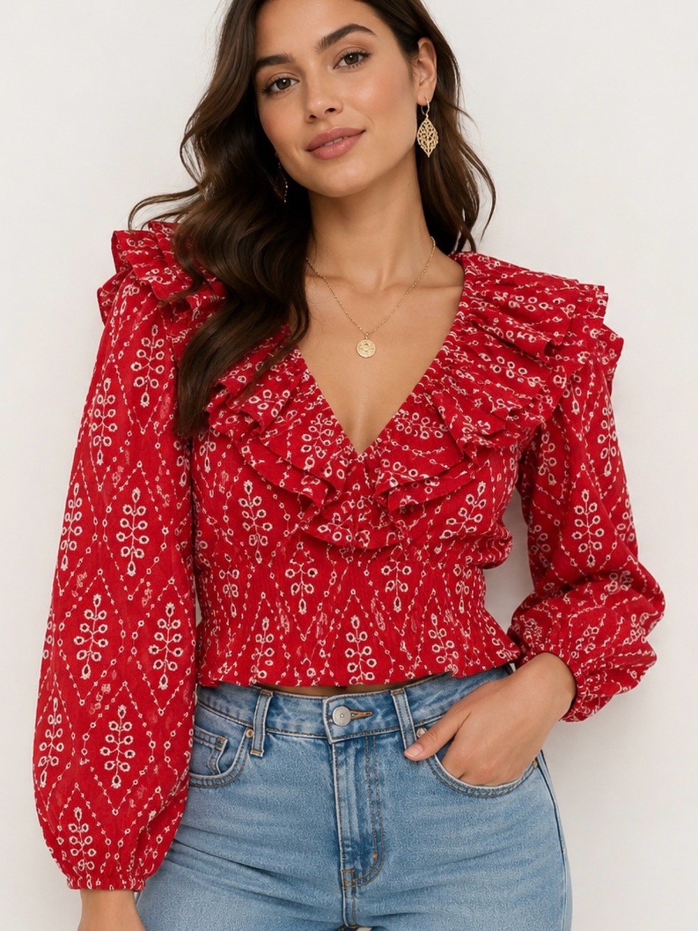 Zara Red Embroidered Ruffle Blouse Eyelet Puff Sleeve Top NWT Size S Like New